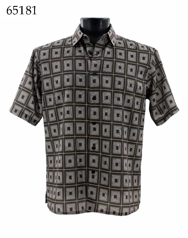 Bassiri Short Sleeve Button Down Casual Printed Men's Shirt - Geometric Pattern Brown #65181 Unique Men's Upcycled