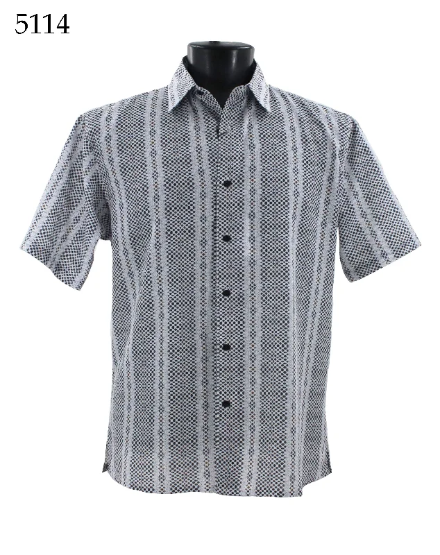 Bassiri Short Sleeve Button Down Casual Printed Men's Shirt - Stripe Pattern White #5114 Practical Men's Quick