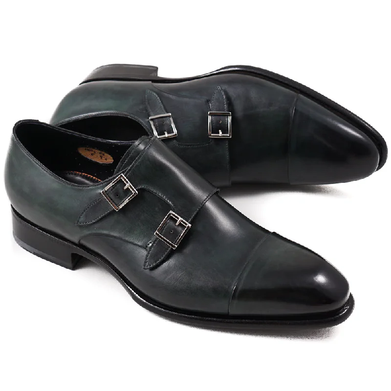 Santoni Double-Buckle Monk Strap in Dark Green British Gentleman Style