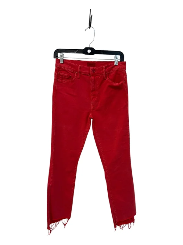 Mother Size 27 Red Cotton Blend 5 Pocket zip fly Mid Rise Frayed Hem Jeans Elegant Men's Formal 