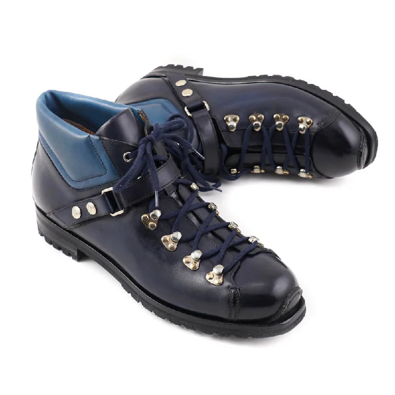 Santoni Calf Leather Hiking Boots in Navy Blue Dynamic Men's High