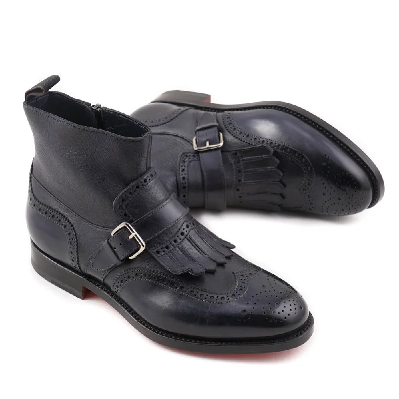 Santoni Navy Leather Boots with Buckle Detail Laid