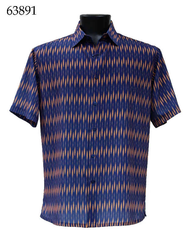 Bassiri Short Sleeve Button Down Casual Printed Men's Shirt - Diamonds Pattern Orange & Royal Blue #63891 Cool Men's Skate