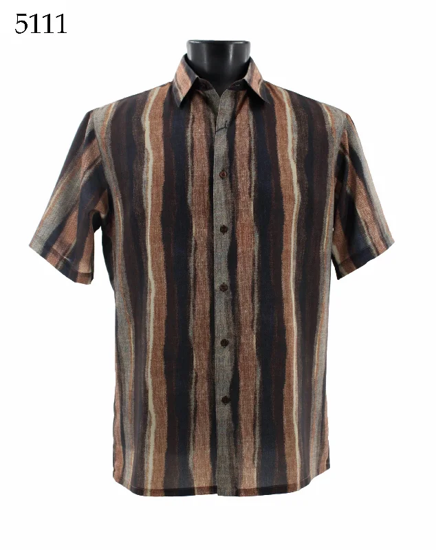 Bassiri Short Sleeve Button Down Casual Printed Men's Shirt - Wave Pattern Brown #5111 Trendy Men's Bucket