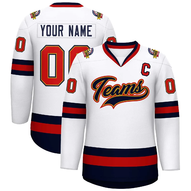 Custom White Navy Old Gold-Red Classic Style Hockey Jersey Luxurious Men's High