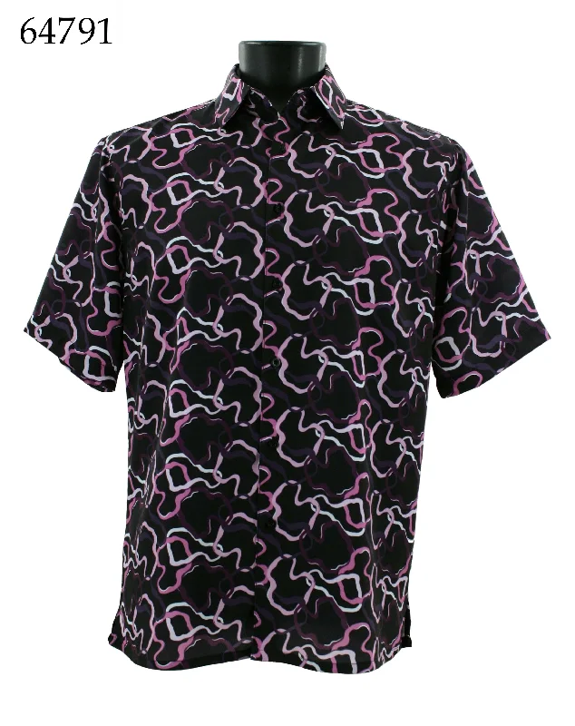 Bassiri Short Sleeve Button Down Casual Printed Men's Shirt - Squiggles Pattern Purple #64791 Relaxed Men's Beach