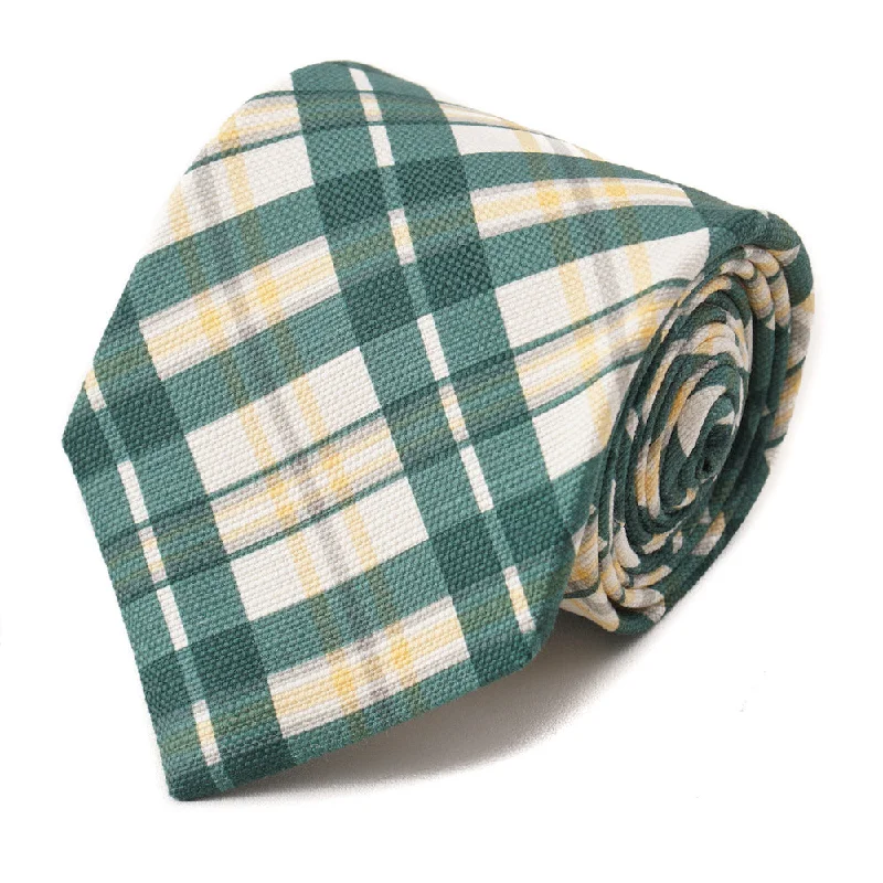 Isaia Green and Yellow Check Print Silk Tie Bohemian Men's Free