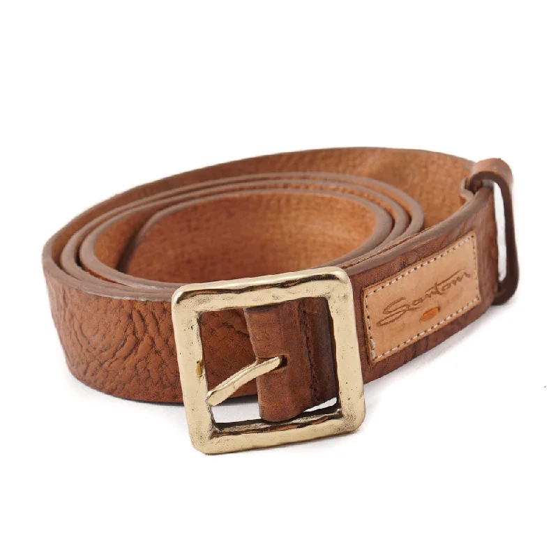 Santoni Distressed Brown Leather Belt with Gold Buckle Artistic Men's Avant