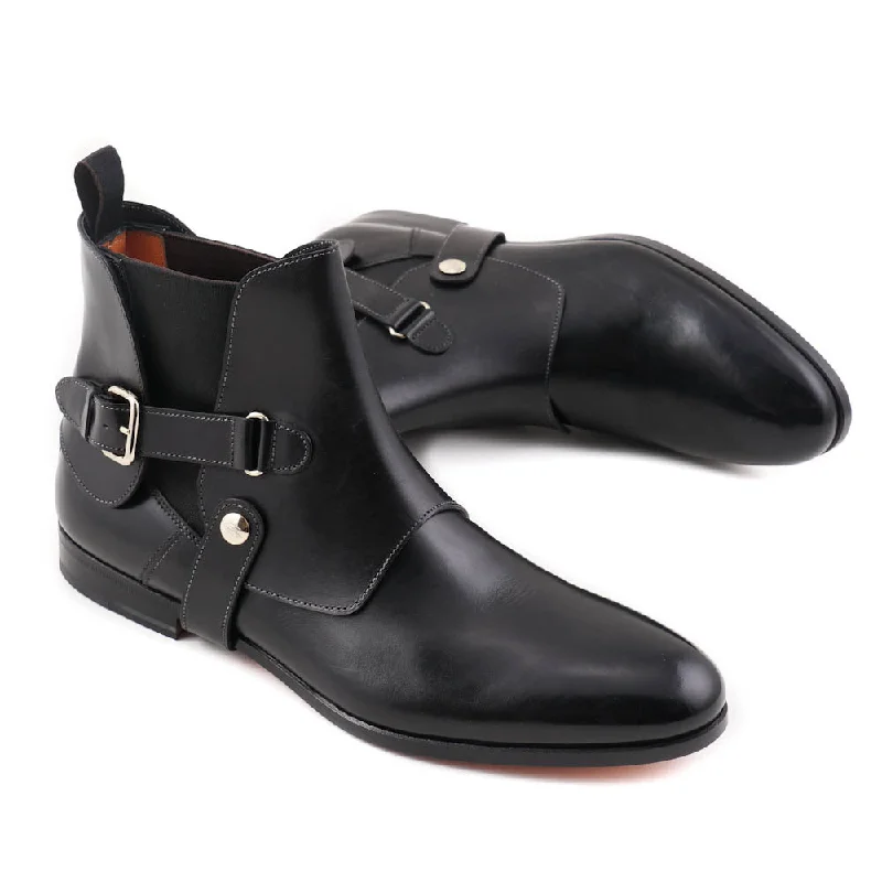 Santoni Black Ankle Boots with Buckle Detail Sleek Men's Metallic