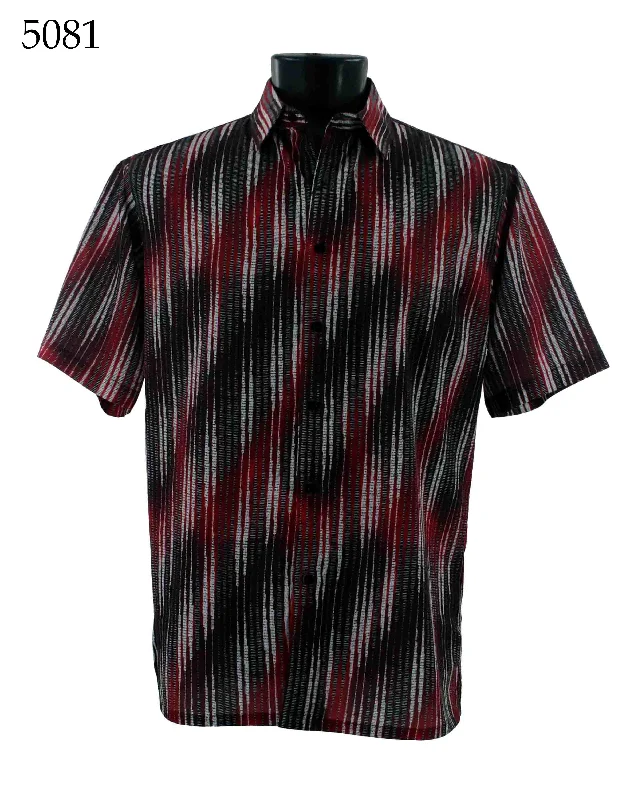 Bassiri Short Sleeve Button Down Casual Printed Men's Shirt - Stripe Pattern Red #5081 Cool Men's Skate