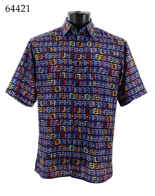 Bassiri Short Sleeve Button Down Casual Printed Men's Shirt - Geometric Pattern Multi #64421 Dynamic Men's High