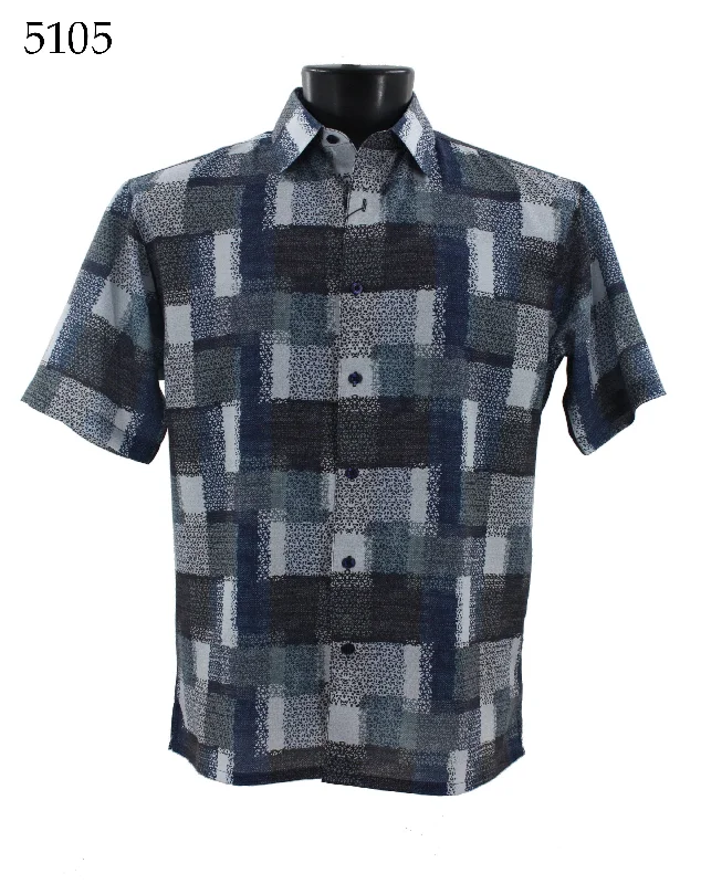 Bassiri Short Sleeve Button Down Casual Printed Men's Shirt - Geometrical Squares Pattern  #5105 Athletic Men's Compression