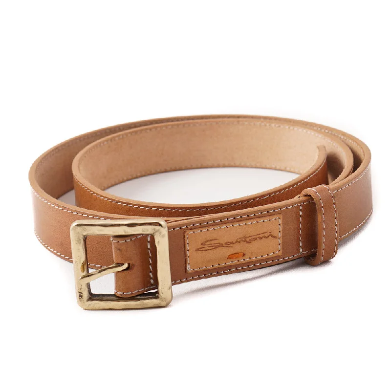 Santoni Natural Tan Leather Belt with Gold Buckle Bold Men's Statement