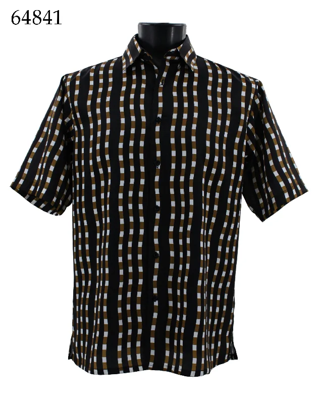 Bassiri Short Sleeve Button Down Casual Printed Men's Shirt - Stripe Pattern Brown #64841 Polished Men's Silk