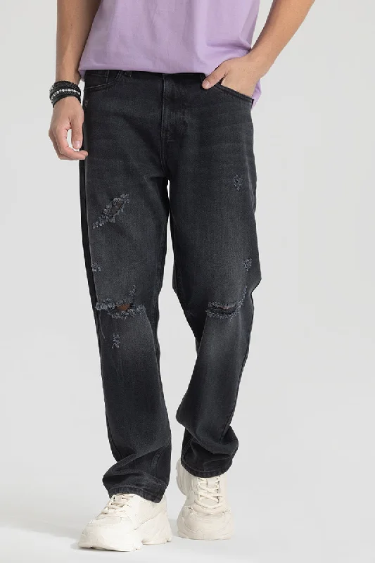 Dark Grey Distressed Relaxed Fit Jeans Street