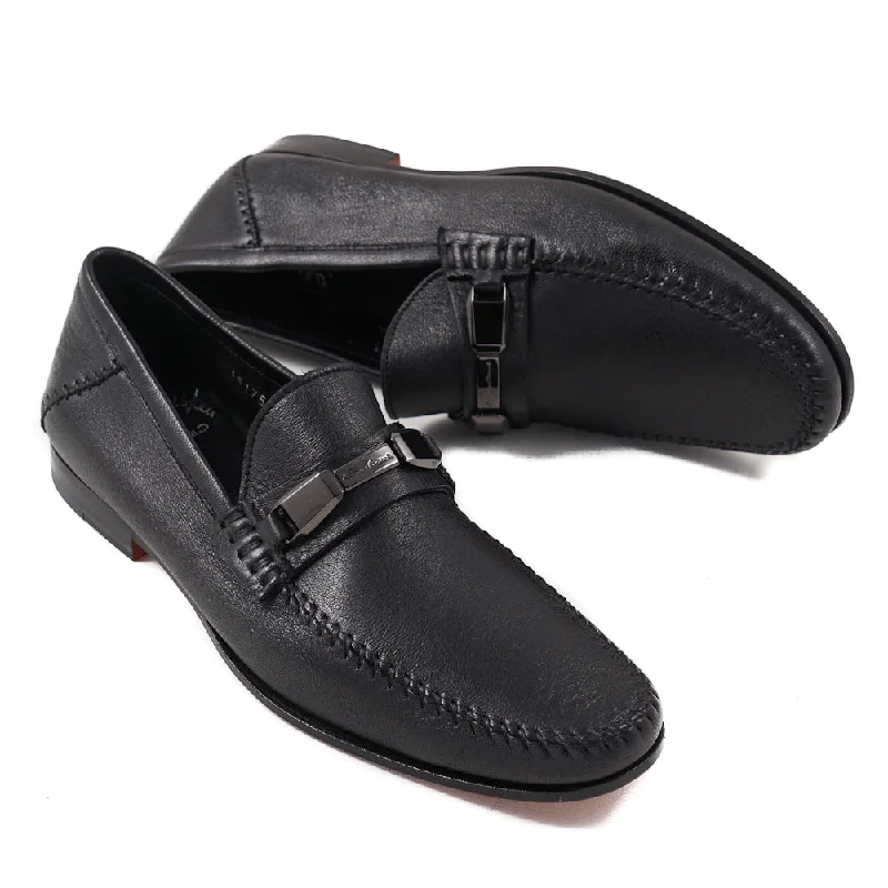 Santoni Soft Leather Loafers in Black Monochromatic All