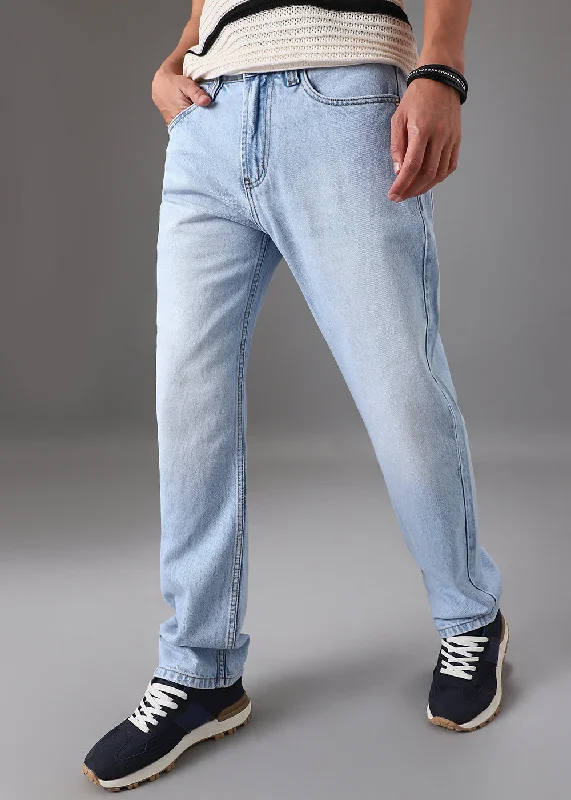 Ice Blue Straight Fit Denim Youthful Men's Anime