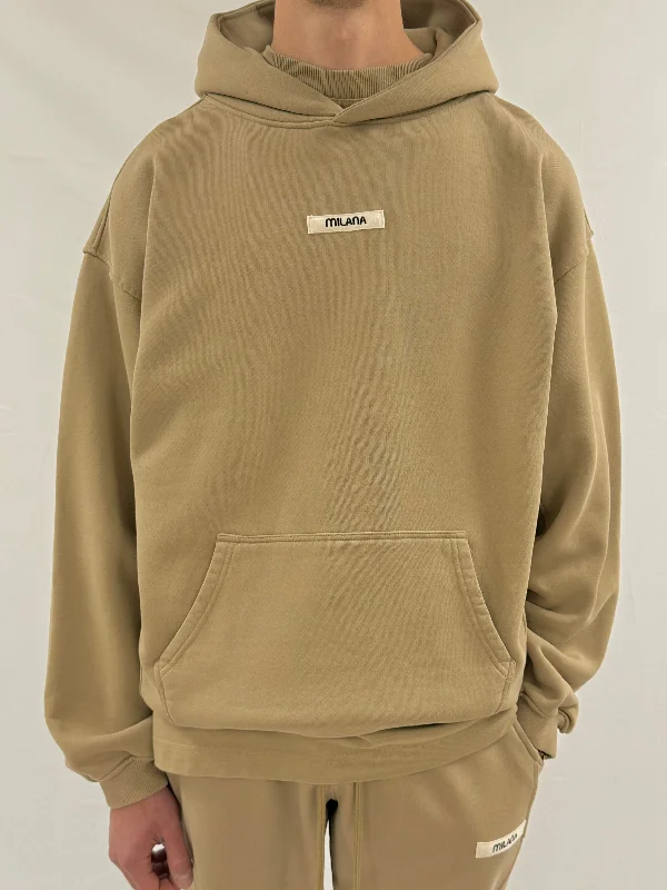 Khaki Brown Core Heavyweight Hoodie. Unique Men's Upcycled