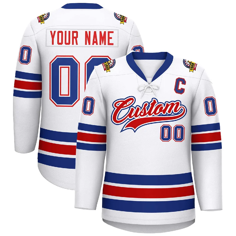 Custom White Royal-Red Lace-Up Neck Hockey Jersey Sleek Men's Contemporary 