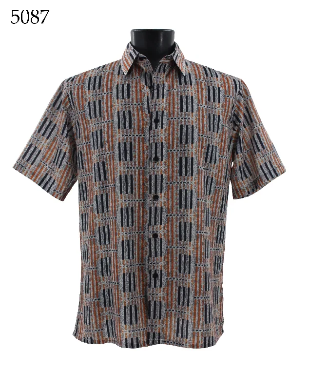 Bassiri Short Sleeve Button Down Casual Printed Men's Shirt - Stripe Pattern Orange #5087 Masculine Men's 