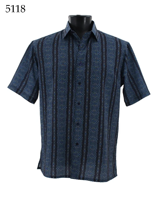 Bassiri Short Sleeve Button Down Casual Printed Men's Shirt - Stripe Pattern Blue #5118 Traditional Men's Country