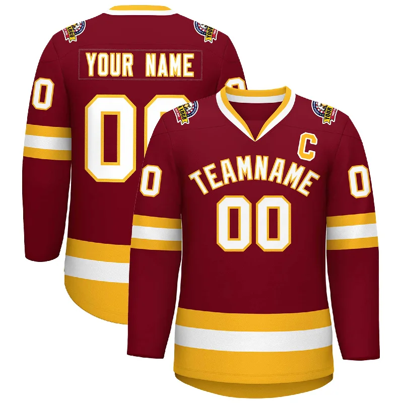 Custom Crimson White-Gold Classic Style Hockey Jersey Gym