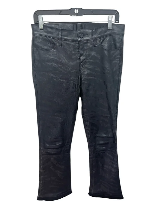 R+A Size 26 Black Leather Coated Camo mid -rise Flare Jeans Polished Men's Satin