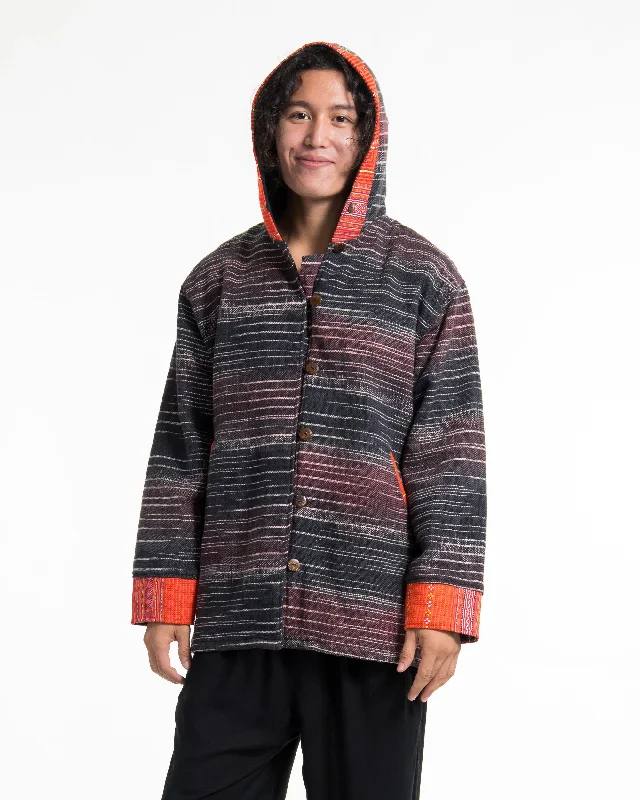 Light Hooded Button Hand-Woven Cotton Embroidered Jacket in Gray Maroon Practical Men's Quick