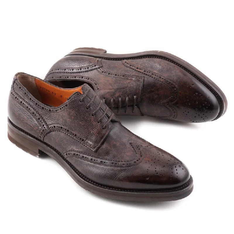 Santoni Wingtip Derby in Antiqued Brown Polished Men's Silk