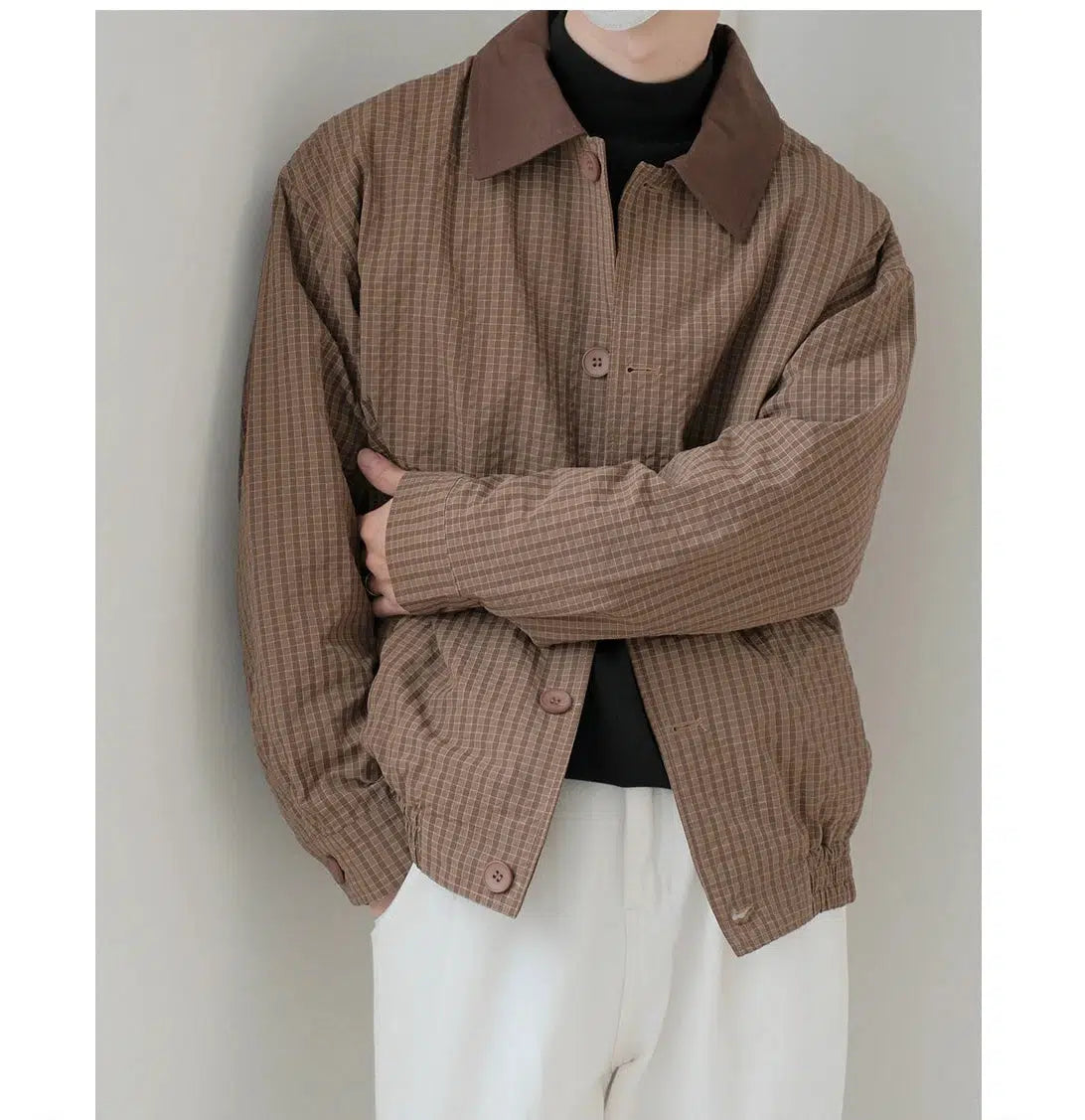 Casual Checkered Button-Up Jacket Traditional Men's Wool