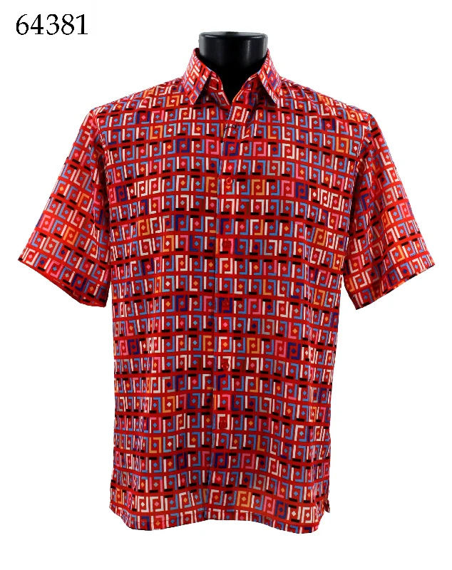 Bassiri Short Sleeve Button Down Casual Printed Men's Shirt - Geometric Pattern Red #64381 Artistic Men's Hand