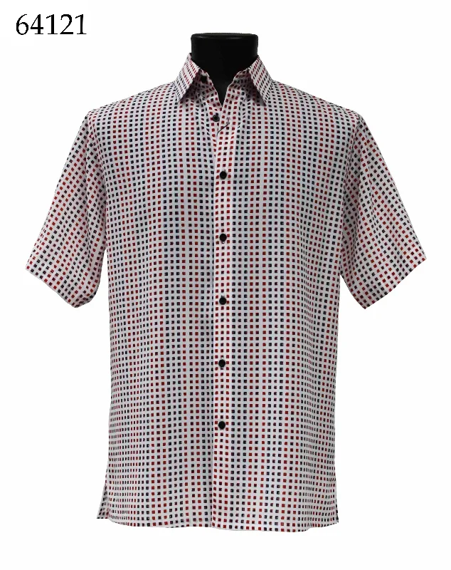 Bassiri Short Sleeve Button Down Casual Printed Men's Shirt - Square Pattern White & Red #64121 Trendy Men's Scandinavian