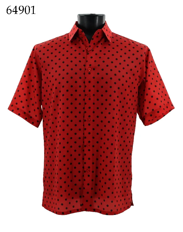 Bassiri Short Sleeve Button Down Casual Printed Men's Shirt - Polka Dot Pattern Red #64901 Traditional Men's Wool