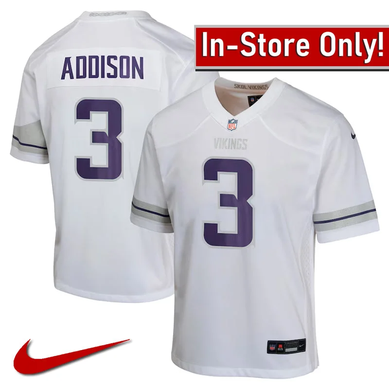 AVAILABLE IN-STORE ONLY! Jordan Addison Youth Minnesota Vikings White Nike Alternate Game Jersey Unique Men's Upcycled