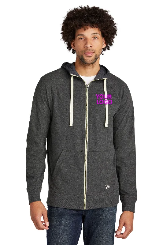 New Era Sueded Cotton Custom Zip Hoodies, Black Heather Trendy Men's Scandinavian