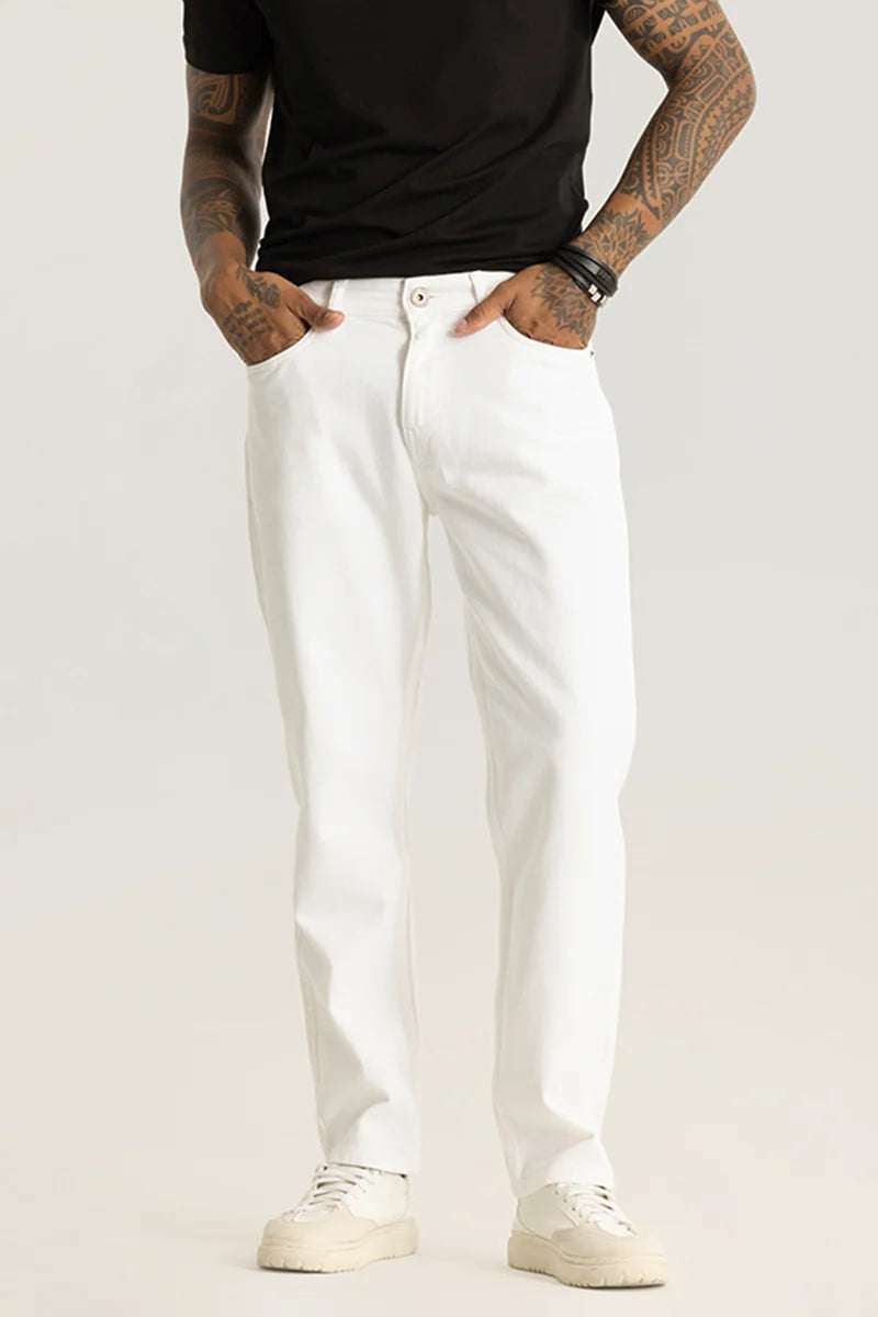 Etienne White Plain Relaxed Fit Jeans Laid