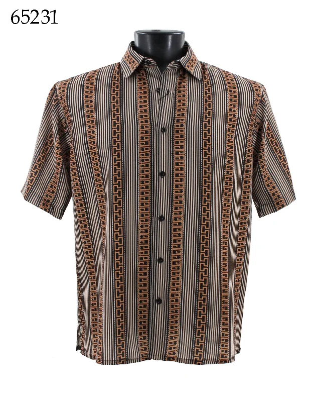 Bassiri Short Sleeve Button Down Casual Printed Men's Shirt - Stripe Pattern Brown #65231 Cool Men's Distressed