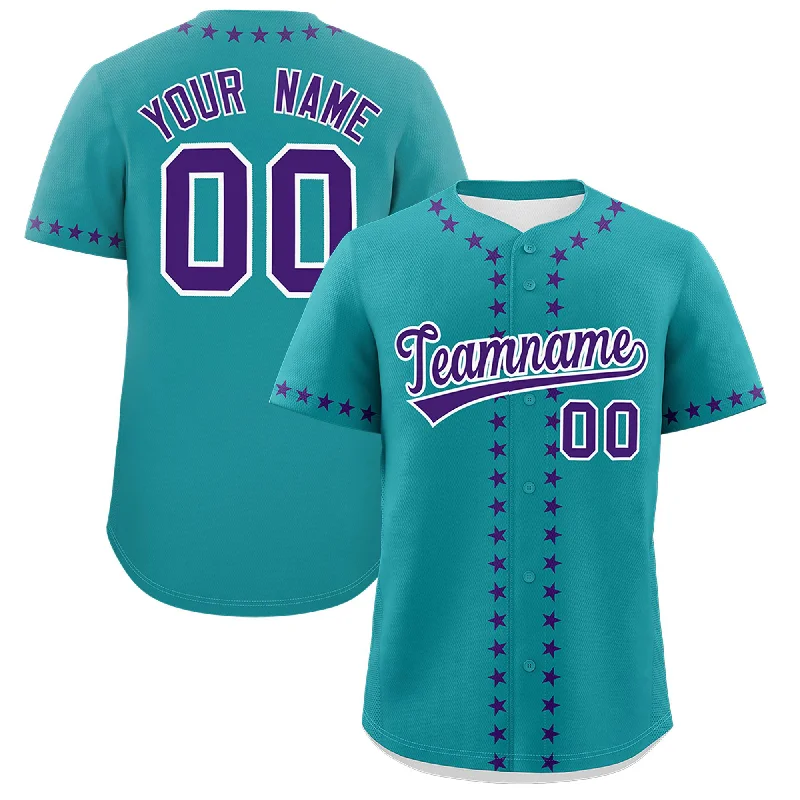 Custom Teal Purple Star Ribbing Authentic Baseball Jersey Artistic Men's Hand