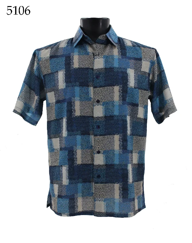 Bassiri Short Sleeve Button Down Casual Printed Men's Shirt - Geometrical Squares Pattern  #5106 Cozy Men's Sherpa