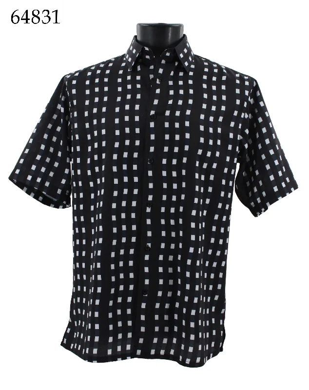 Bassiri Short Sleeve Button Down Casual Printed Men's Shirt - Stripe Pattern Black #64831 Refined Men's Classic 