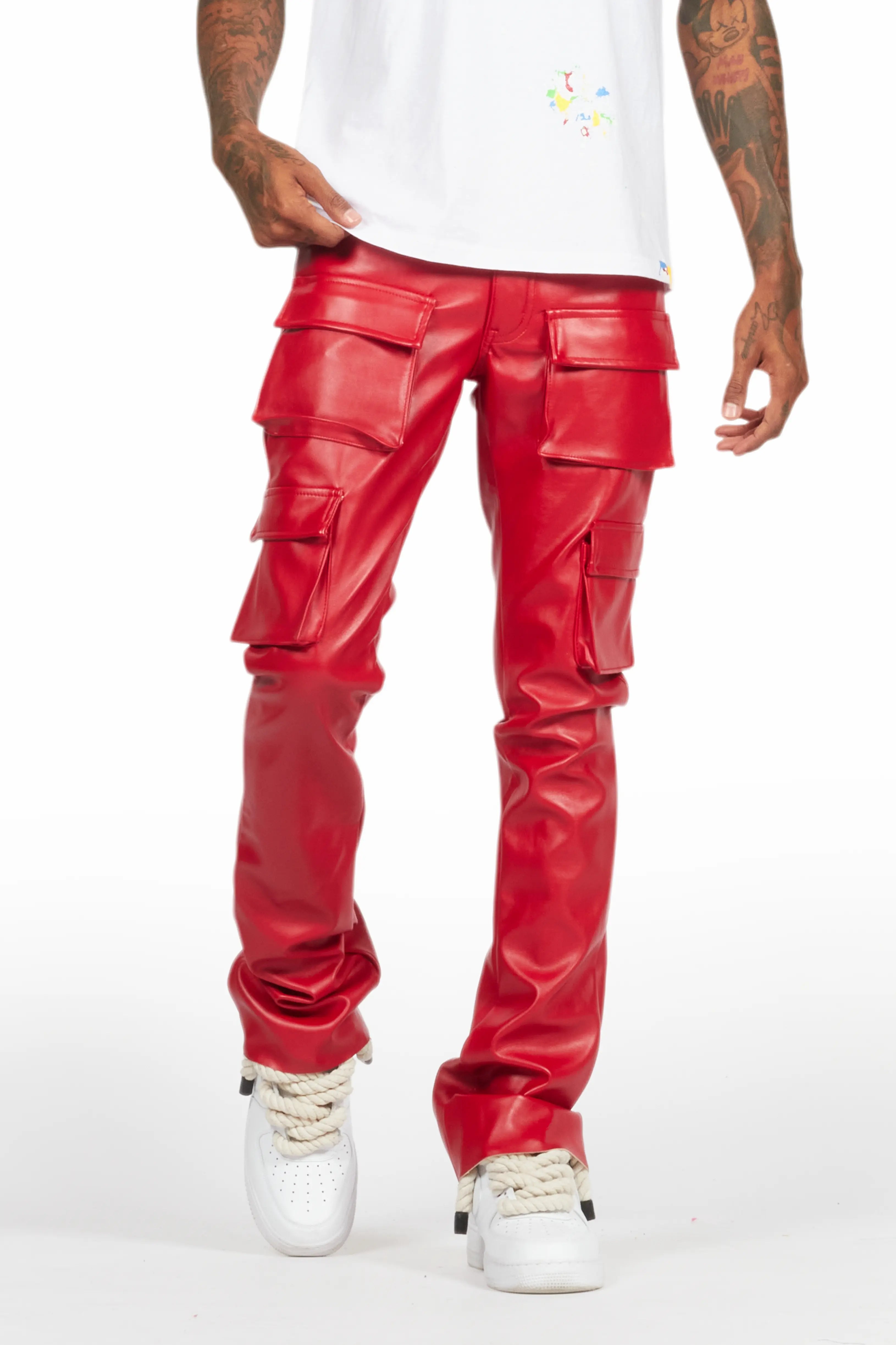 Khaza Red PU Leather Jean Stylish Men's Tropical 