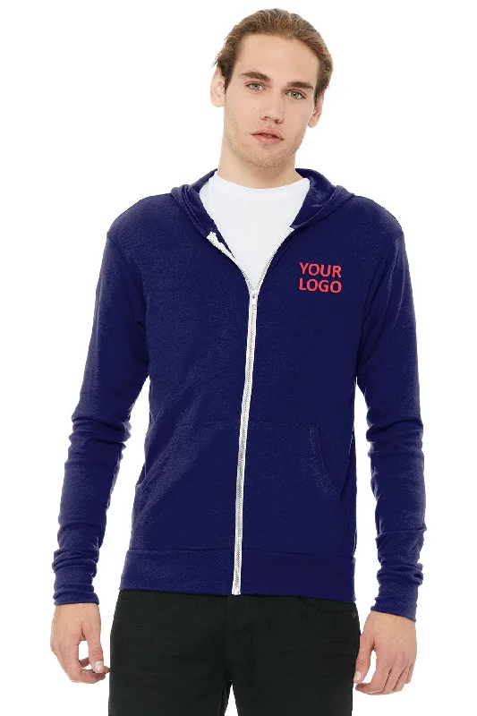 Bella Canvas Unisex Triblend Full-Zip Lightweight Hoodie, Navy Relaxed Men's Beach