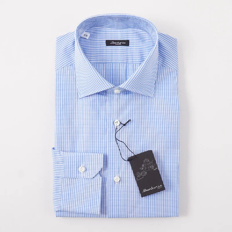 Sartorio Cotton Shirt in Sky Blue Gingham Check Dapper Men's 1920S