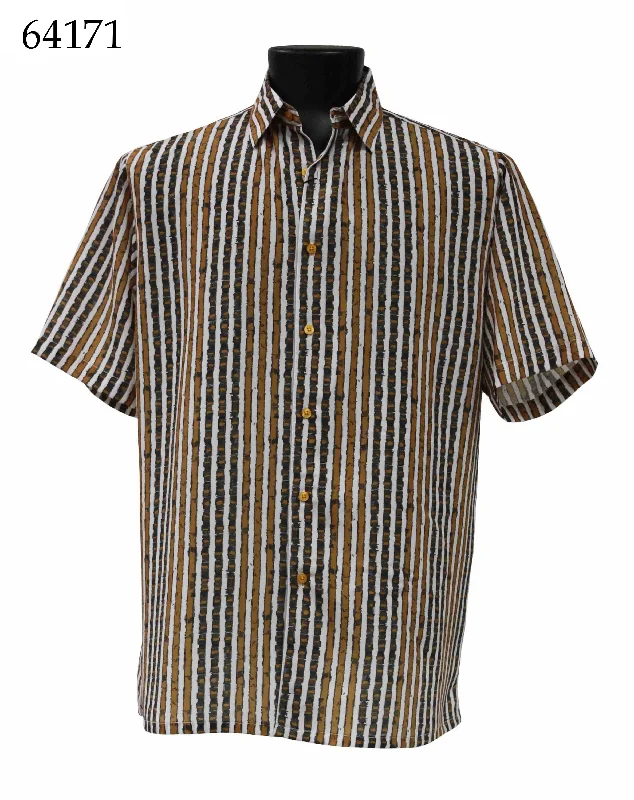 Bassiri Short Sleeve Button Down Casual Printed Men's Shirt - Multi Stripe Pattern Gold #64171 Bold Men's Statement