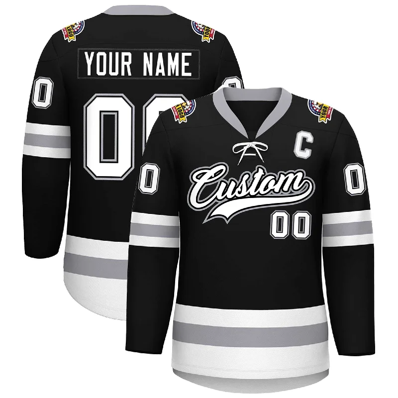 Custom Black White-Gray Lace-Up Neck Hockey Jersey Classic Men's Pin