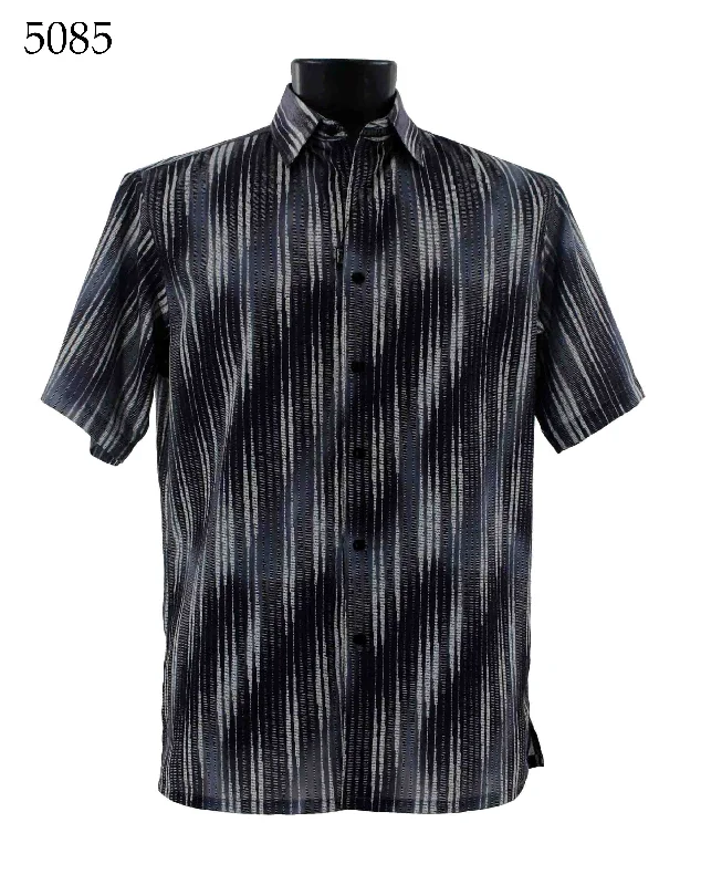 Bassiri Short Sleeve Button Down Casual Printed Men's Shirt - Stripe Pattern Grey #5085 Dapper Men's Bow