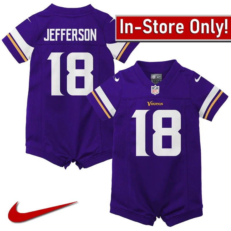 AVAILABLE IN-STORE ONLY! Justin Jefferson Minnesota Vikings Nike Newborn & Infant Purple Game Romper Jersey Monochromatic All