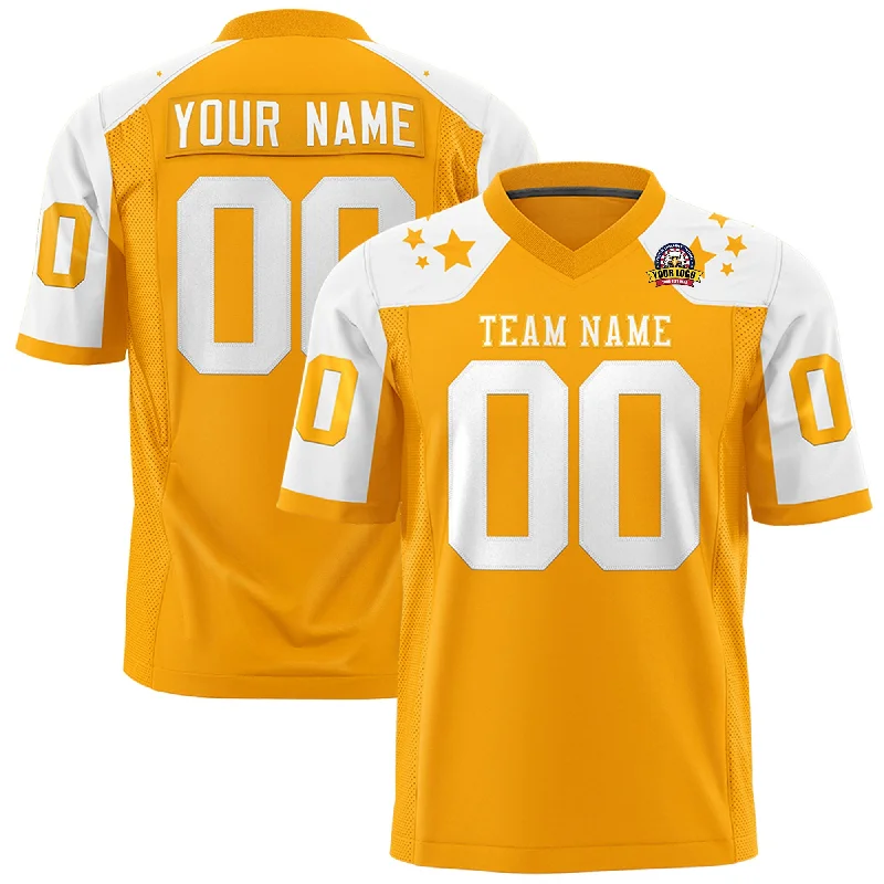 Custom Yellow White Personalized Shoulder Star Pattern Authentic Football Jersey Polished Men's Satin