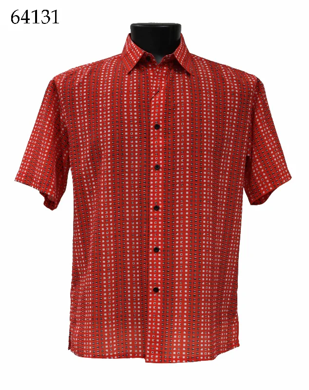 Bassiri Short Sleeve Button Down Casual Printed Men's Shirt - Square Pattern Red #64131 Sophisticated Men's French