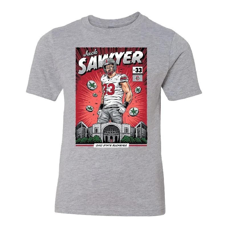 Youth Ohio State Buckeyes #33 Jack Sawyer NIL Comic T-Shirt Tough Men's Tactical